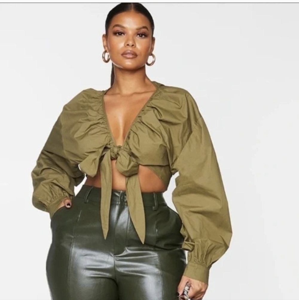 PLT,Khaki RuchedOlive Green Women's Tie-Front Top